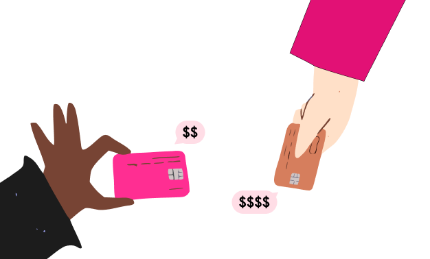 Hand holding pink card with dollar speech bubble