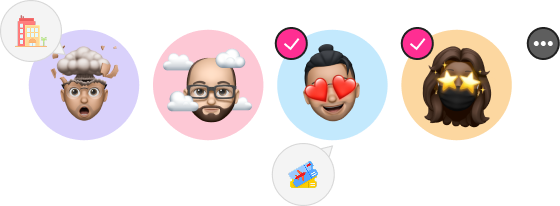 Four memoji avatars with pink checkmarks